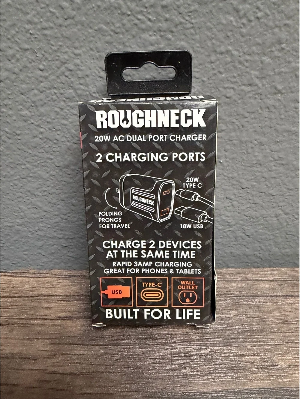 Roughneck 20W Dual Port AC Wall Charger Fast USB-C USB-A Plug Black Orange New